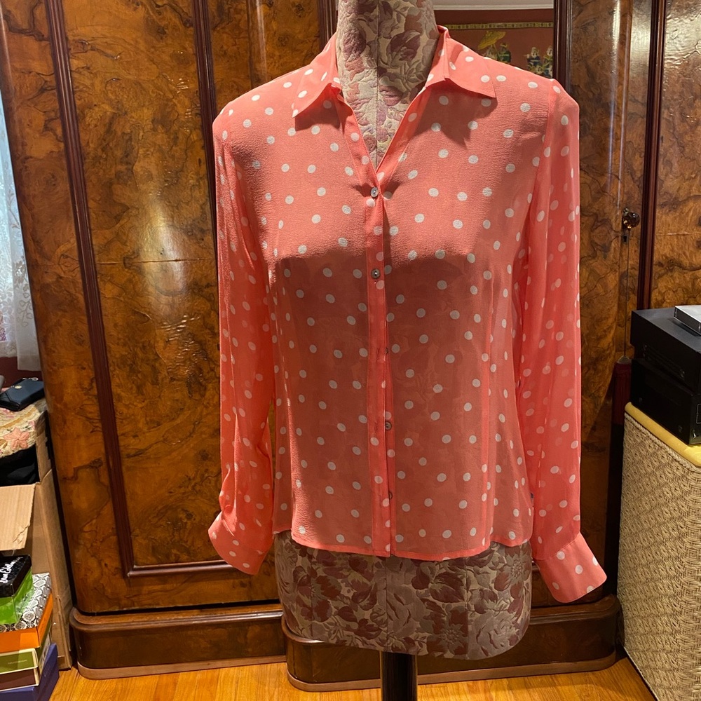Silk Polka Dot Button-Up Blouse - Coral